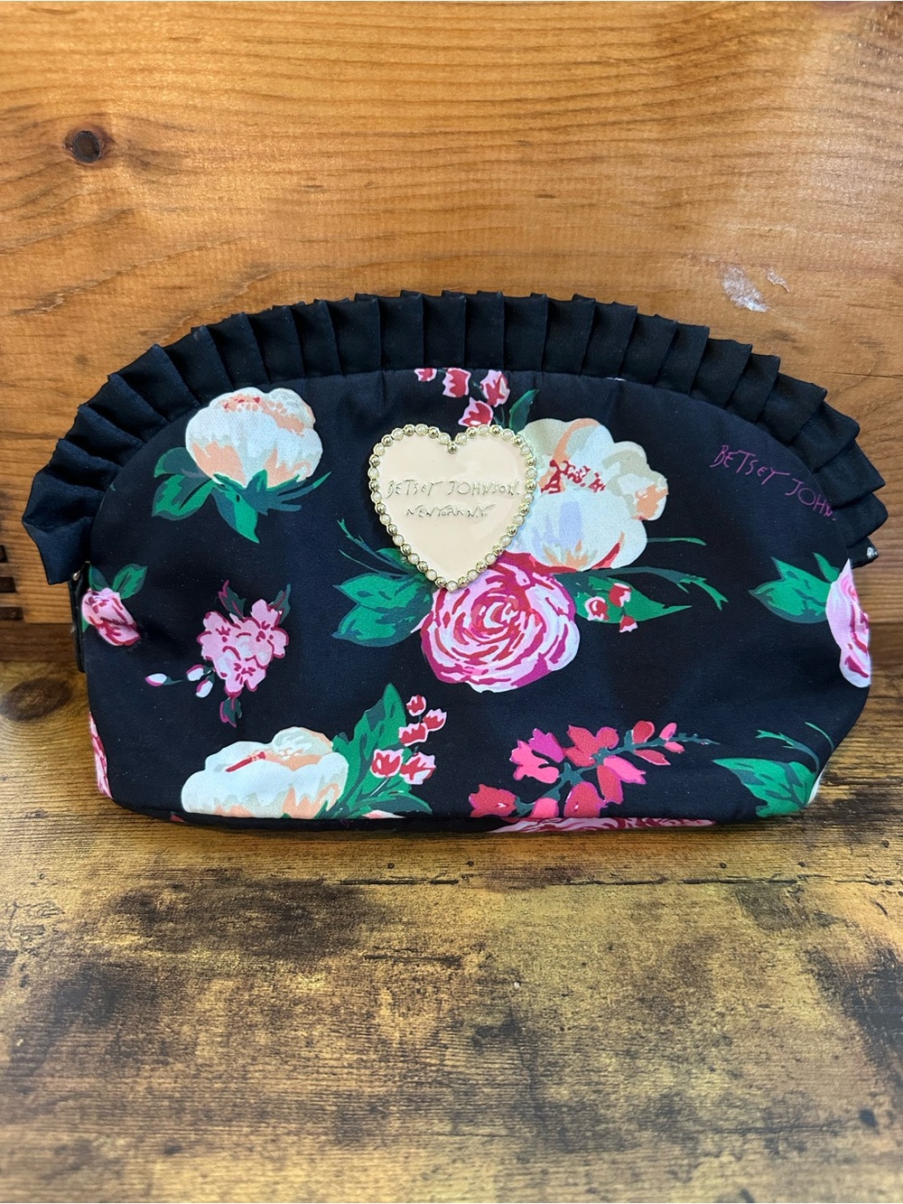 Betsey Johnson Black Floral Ruffle Zip Pouch with Heart Plaque